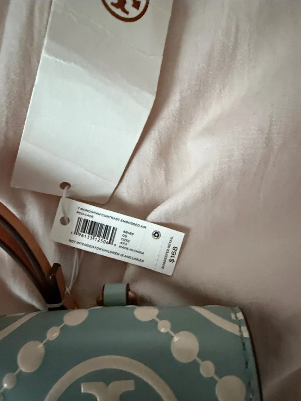Tory Burch AirPods case Pale Blue Logo Mini Crossbody Card Case with Tan Strap
